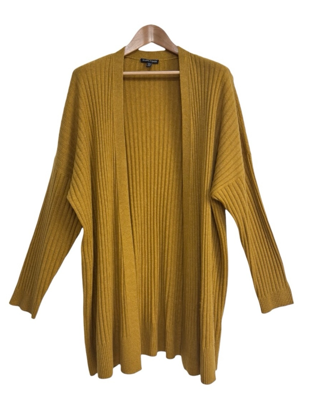 Eileen Fisher Arnica Cashmere Ribbed Open Cardigan Sweater XL Mustard Duster